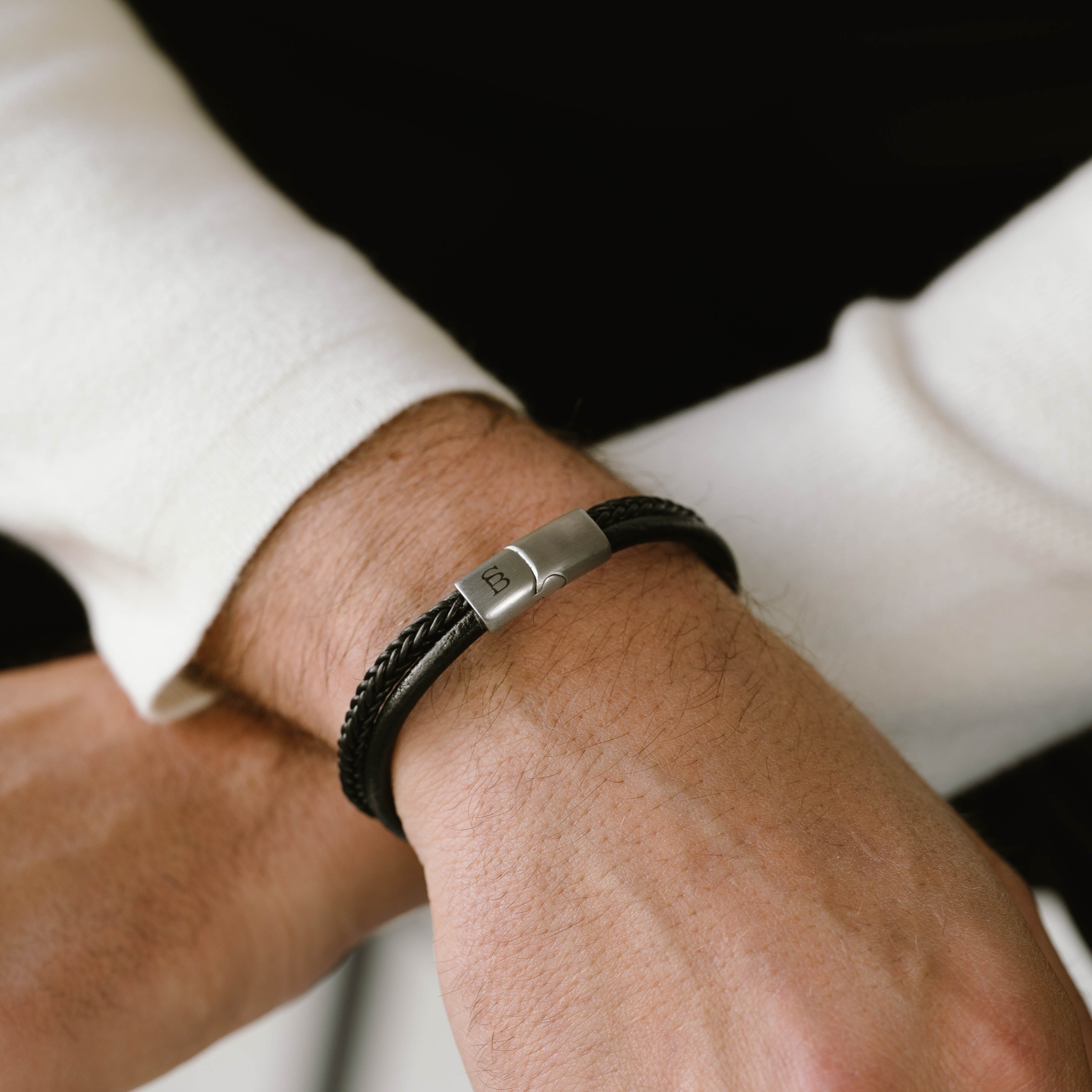 black leather bracelet for men denby stainless steel clasp steel and barnett