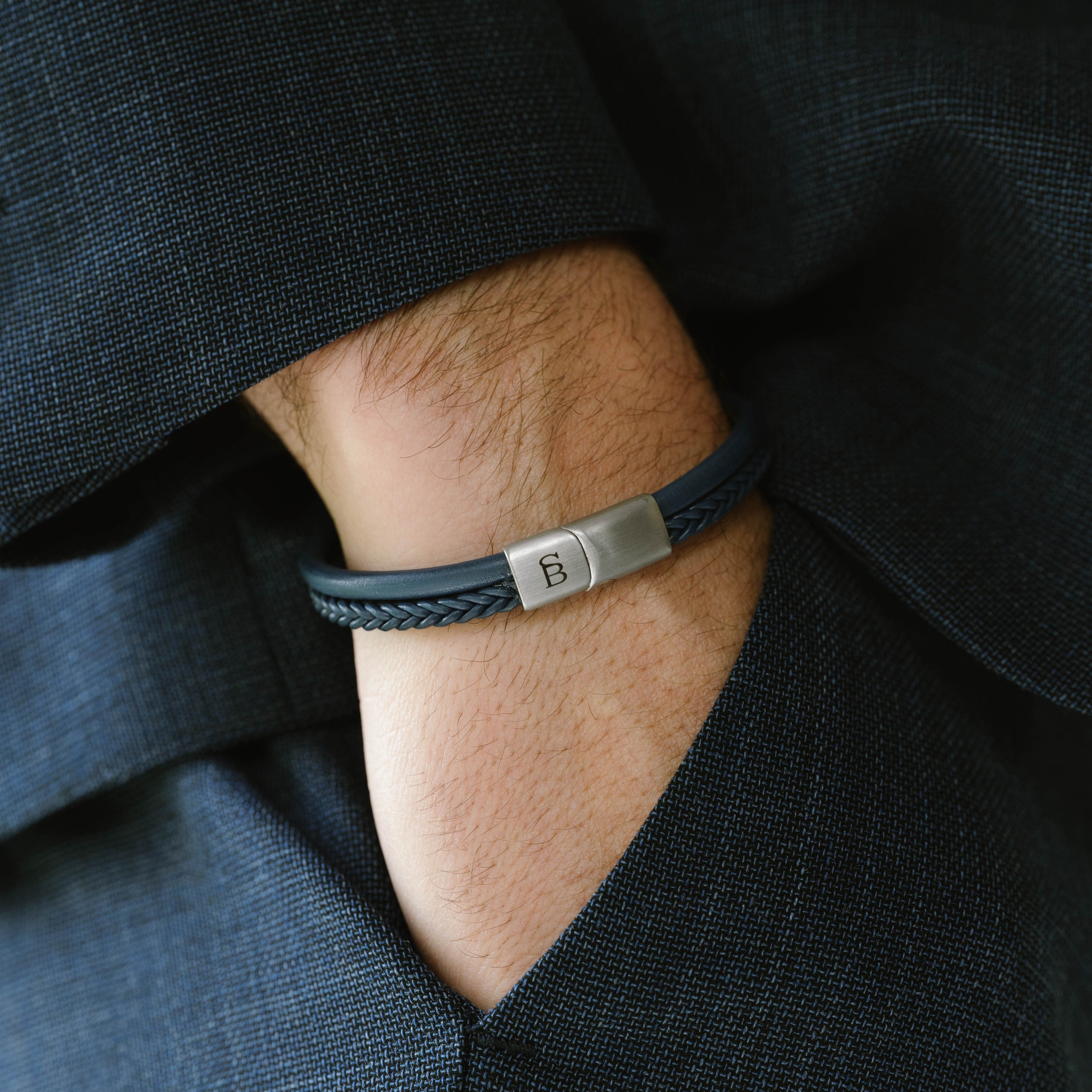 blue leather bracelet double stainless steel clasp minimal jewelry chic for men