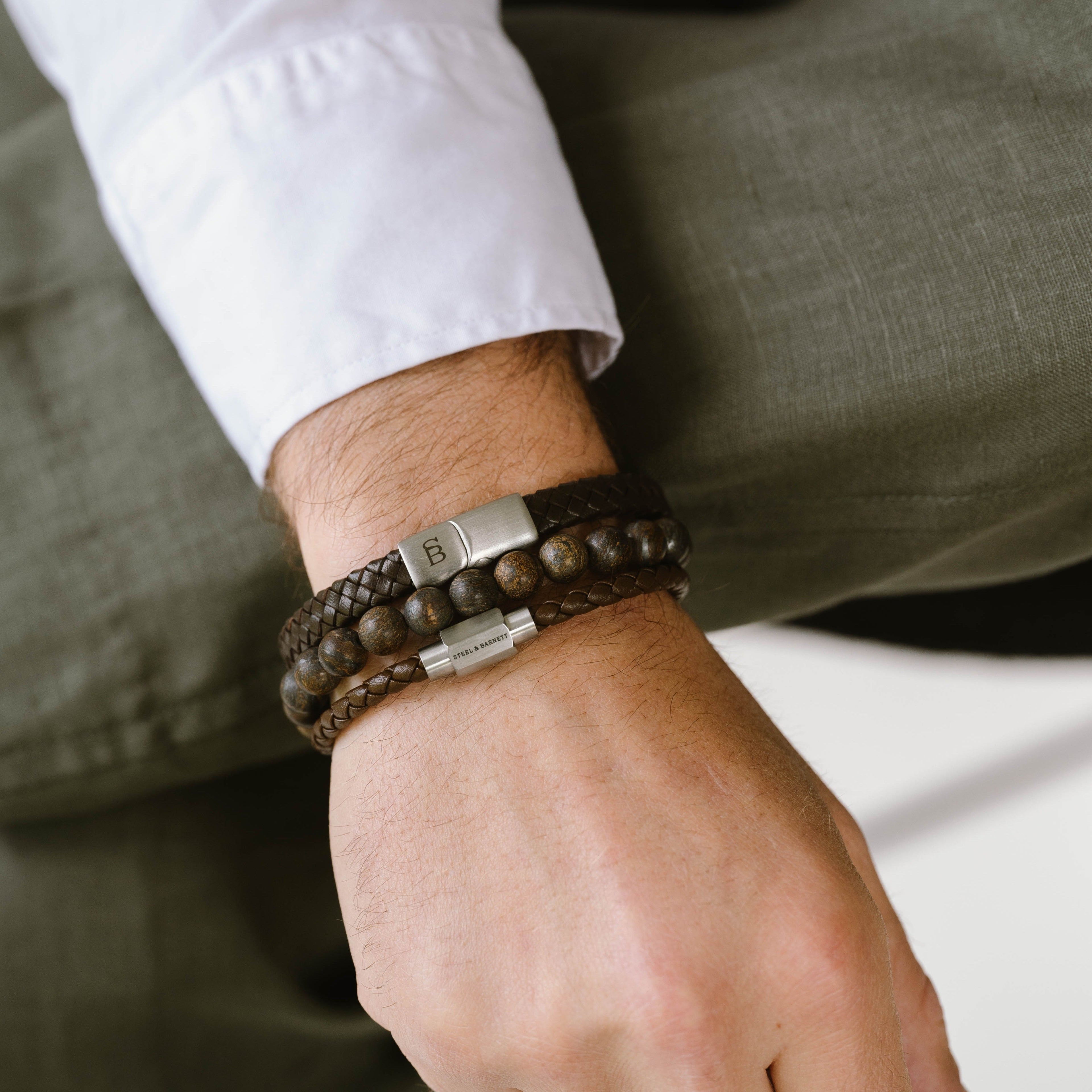 thin brown vintage leather bracelet black and silver stainless steel steel and barnett Riley Leather Bracelet Black