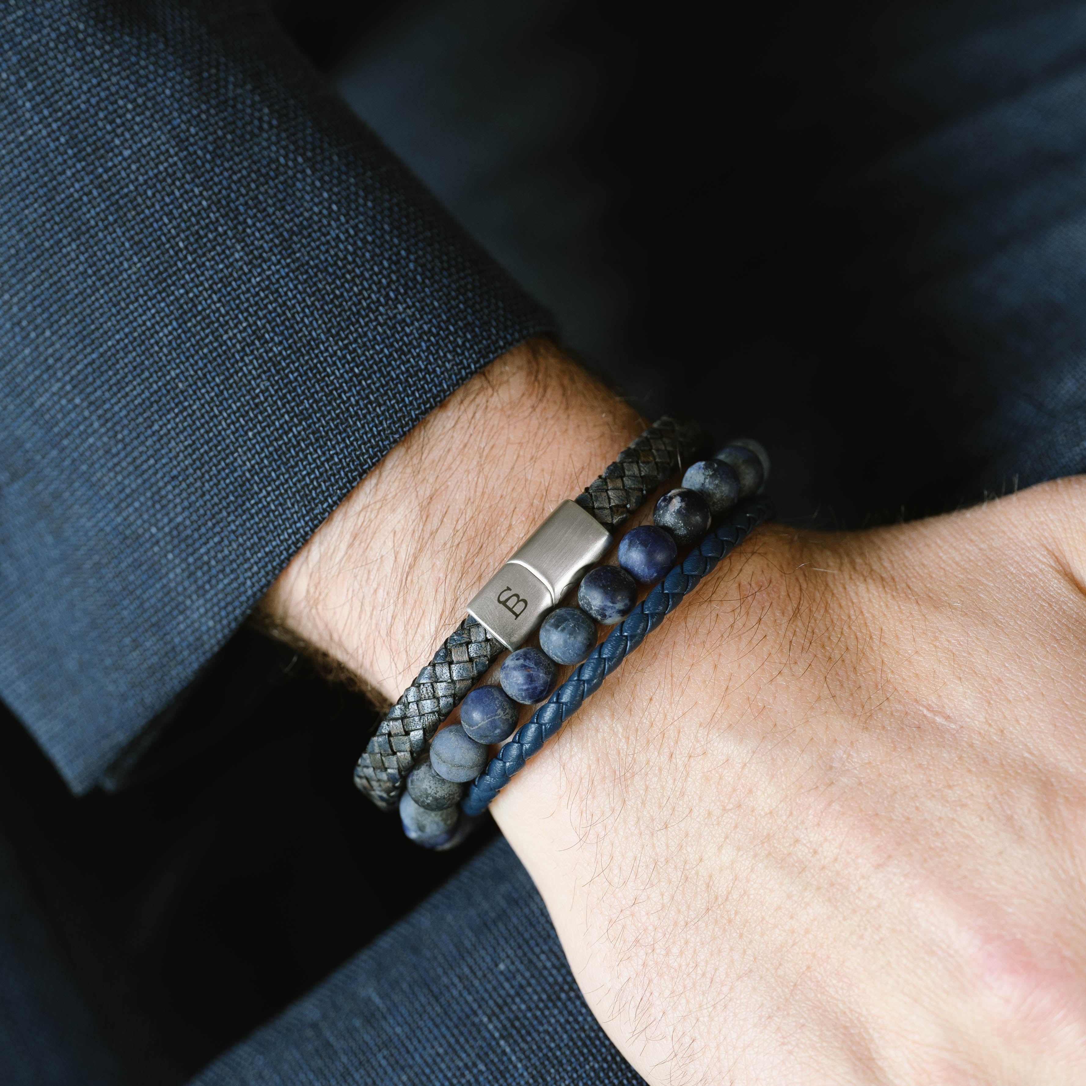 thin blue vintage leather bracelet black and silver stainless steel steel and barnett Riley Leather Bracelet Black