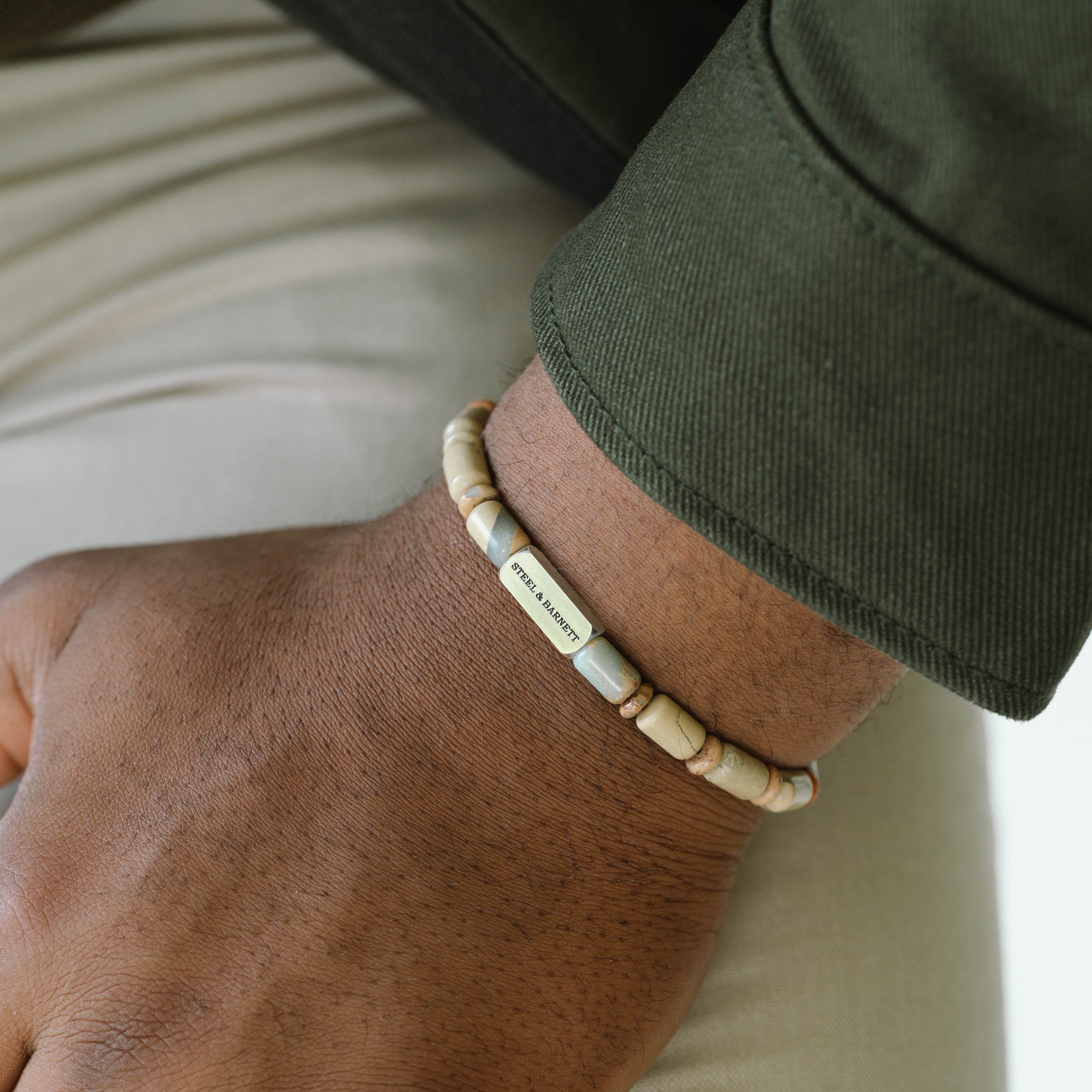 Stone bracelet for men aqua light colors blue brown natural color steel and barnett