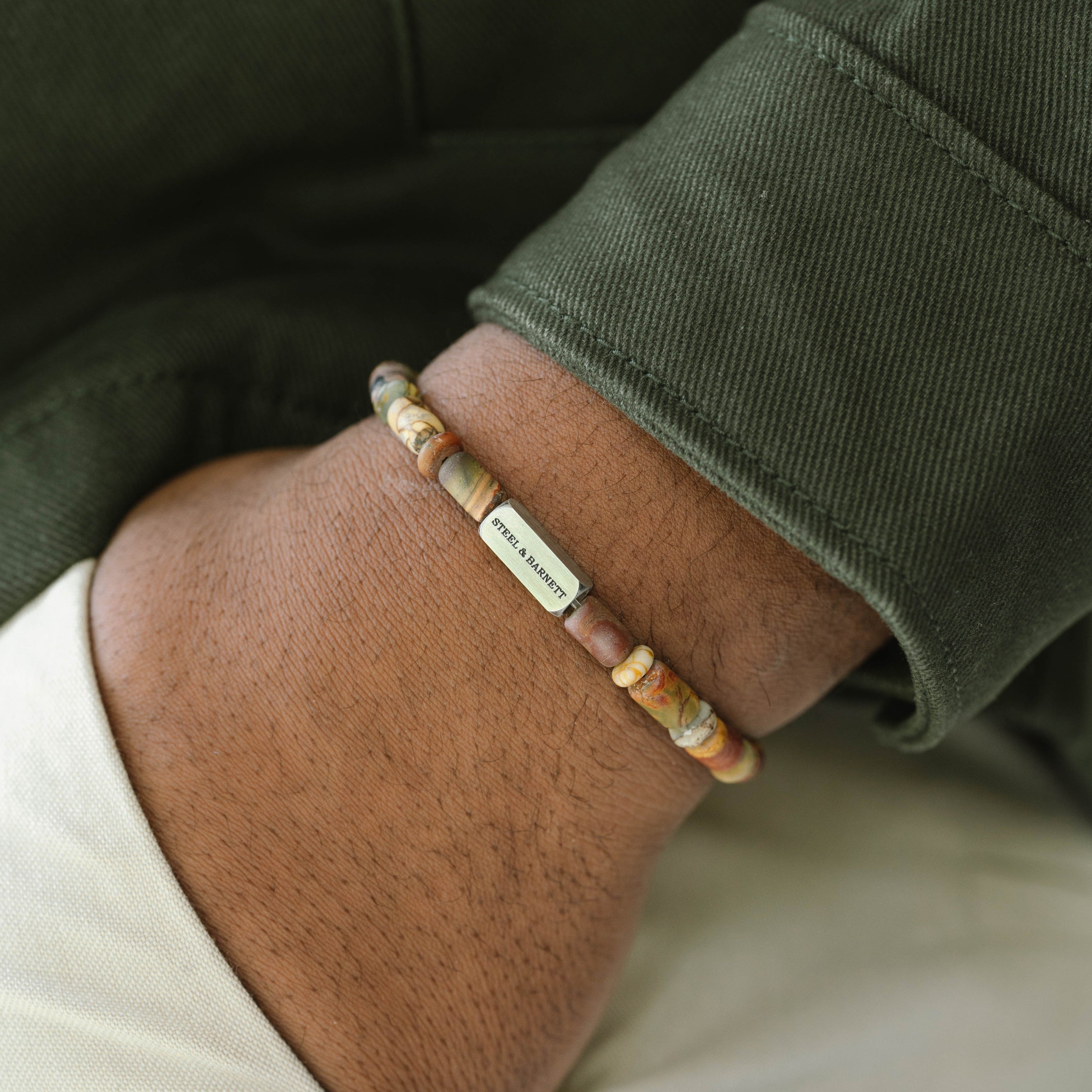 gemstone bracelet for men stone natural tones earthy jewelry for him Colourful Cal Barrel Gemstone Bracelet Matt Pine steel and barnett