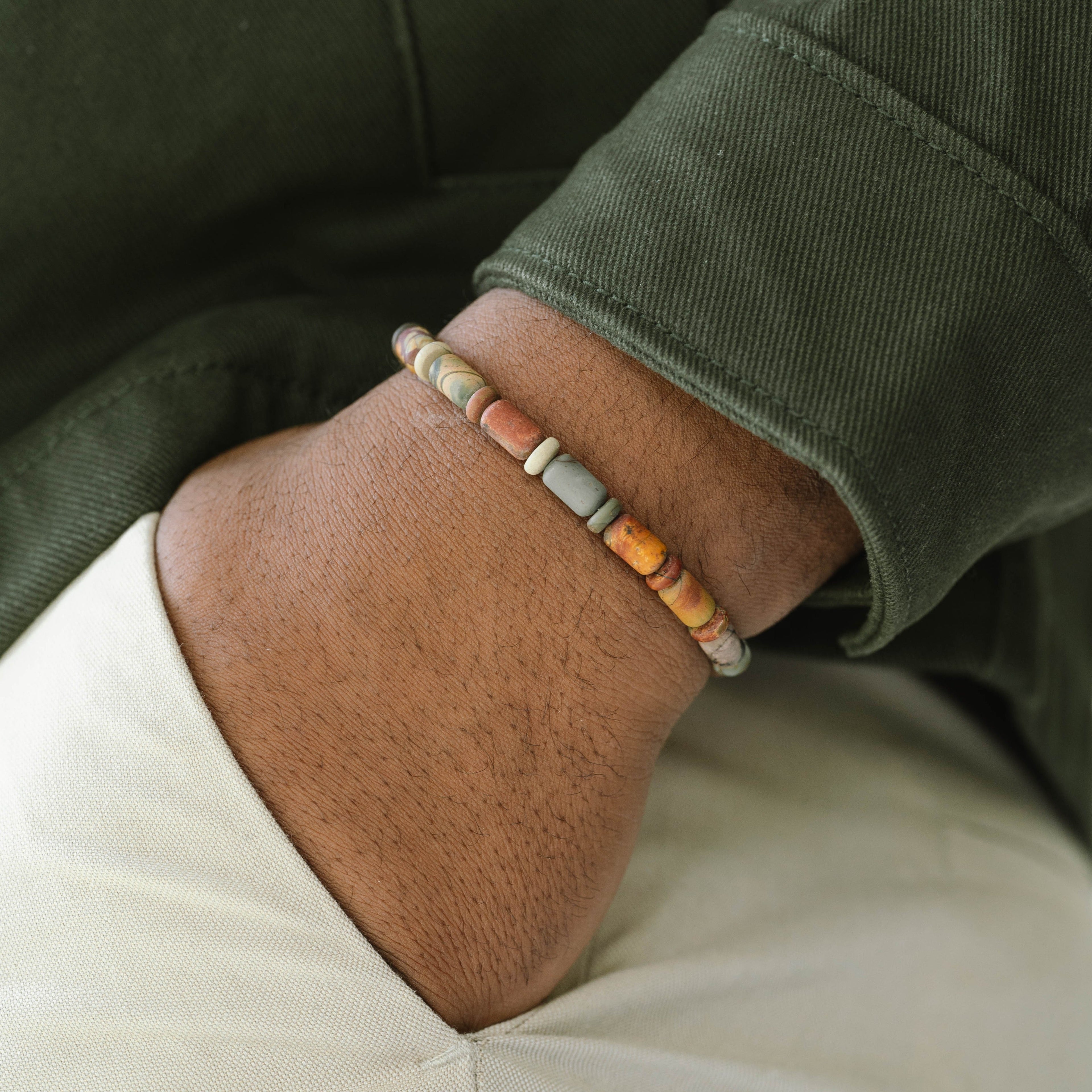 gemstone bracelet for men stone natural tones earthy jewelry for him Colourful Cal Barrel Gemstone Bracelet Matt Pine steel and barnett
