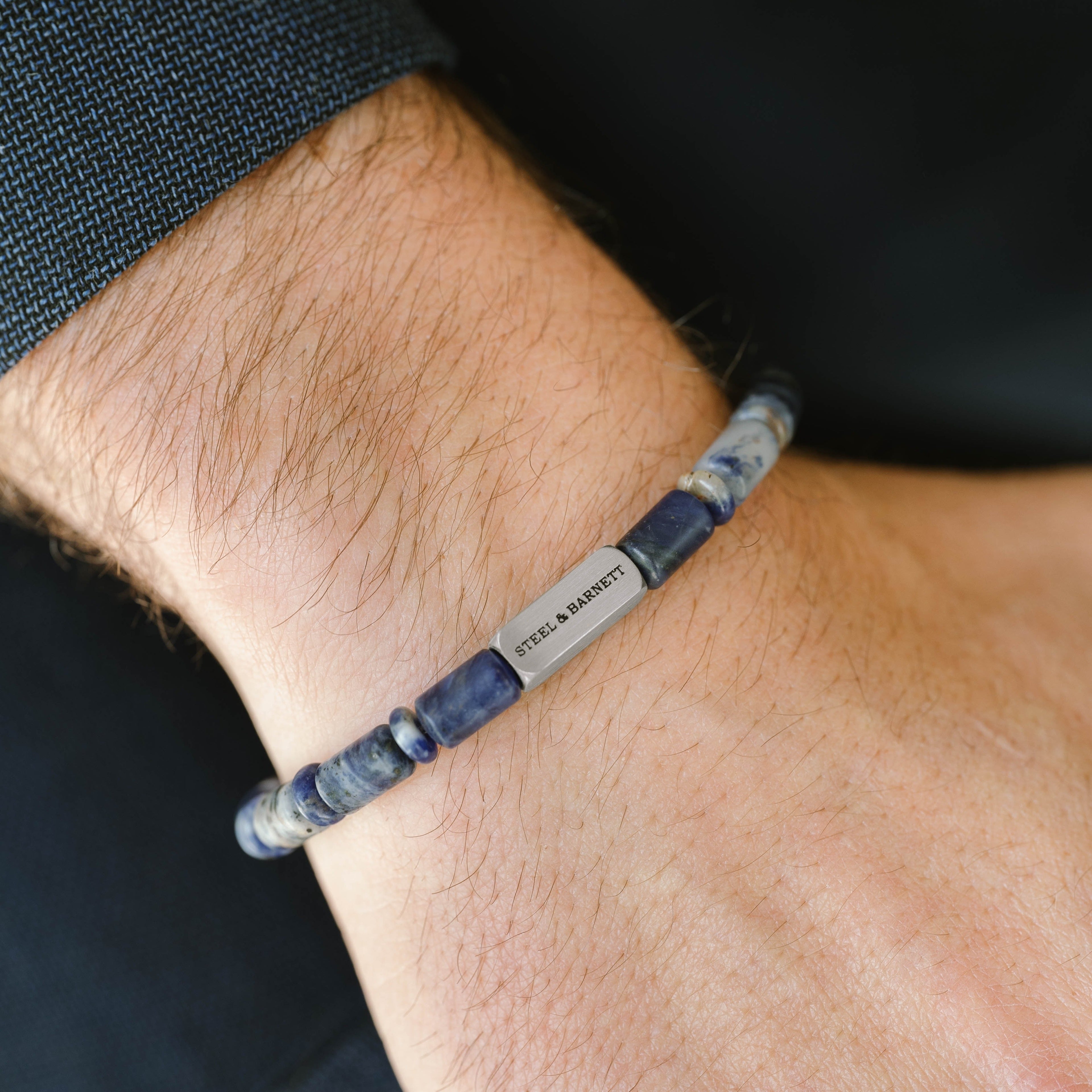 blue stone bracelet for men stainless steel gift for him steel and barnett Colourful Cal Barrel Gemstone Bracelet Matt Sodalite