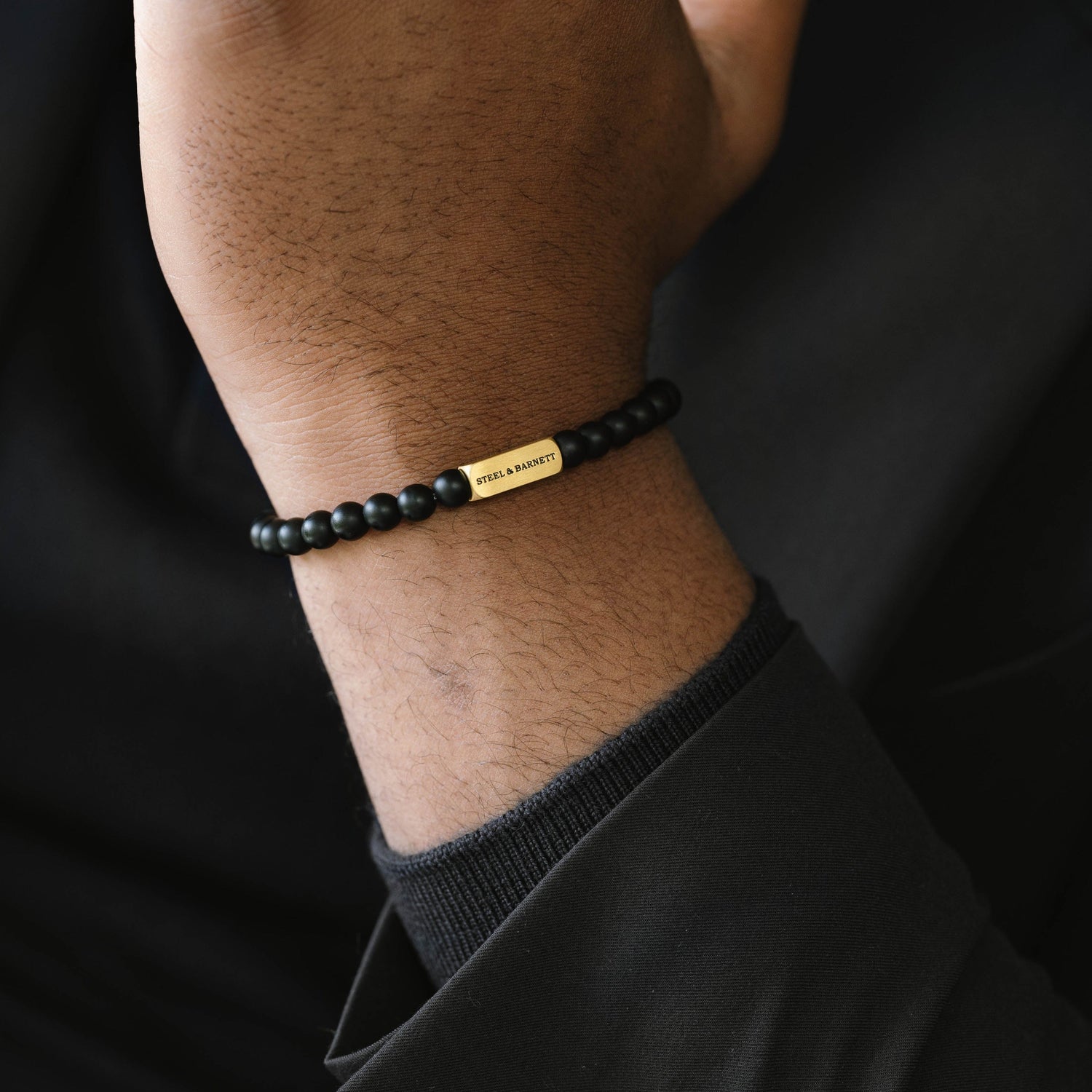 Natural Ned 6mm Round Gemstone Bracelet Matt Black/18K Gold