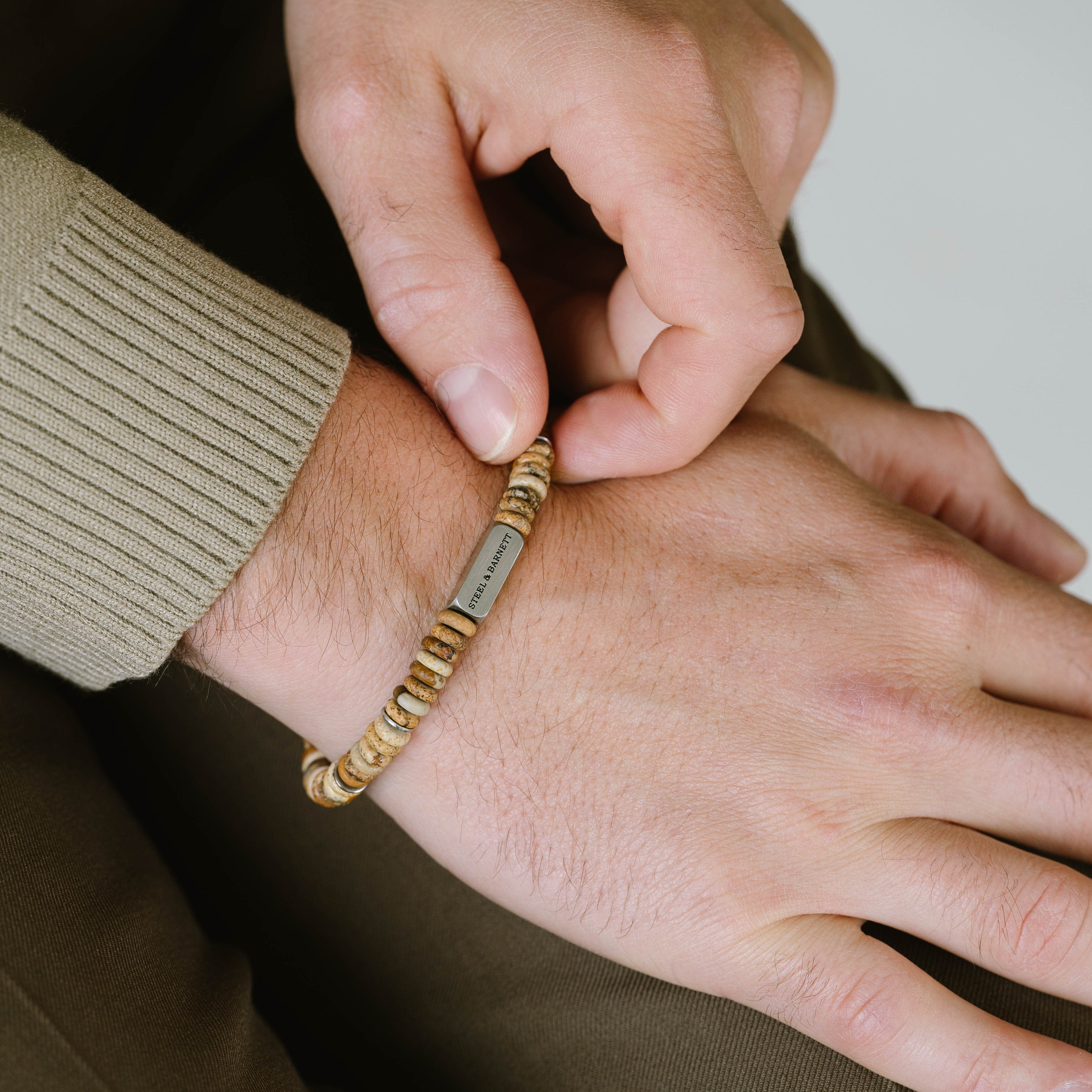 stone bracelet for men stainless steel steel and barnett light brown earthy tones Two Tone Disc Gemstone Bracelet brown