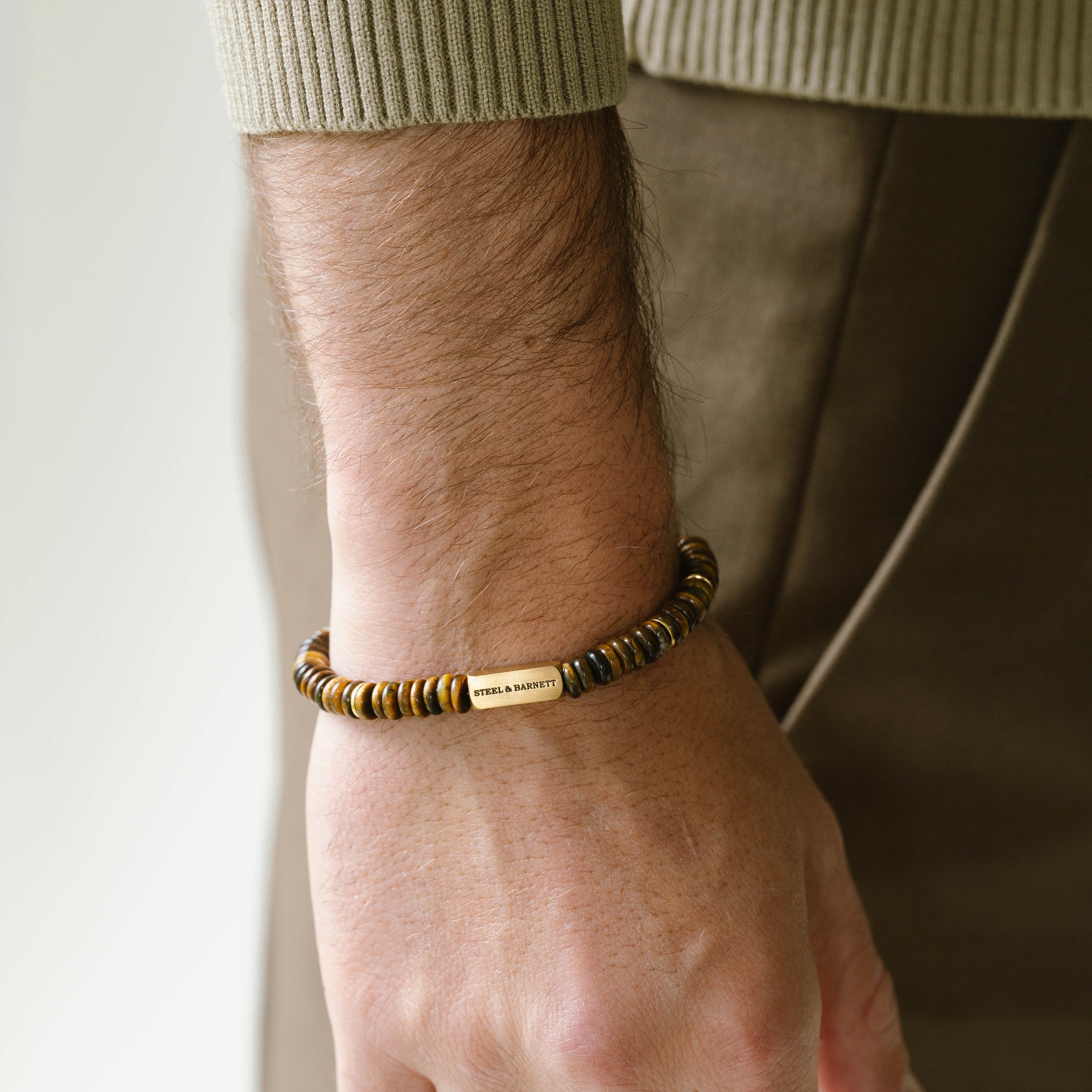 stone bracelet for men stainless steel steel and barnett light brown earthy tones Two Tone Disc Gemstone Bracelet brown
