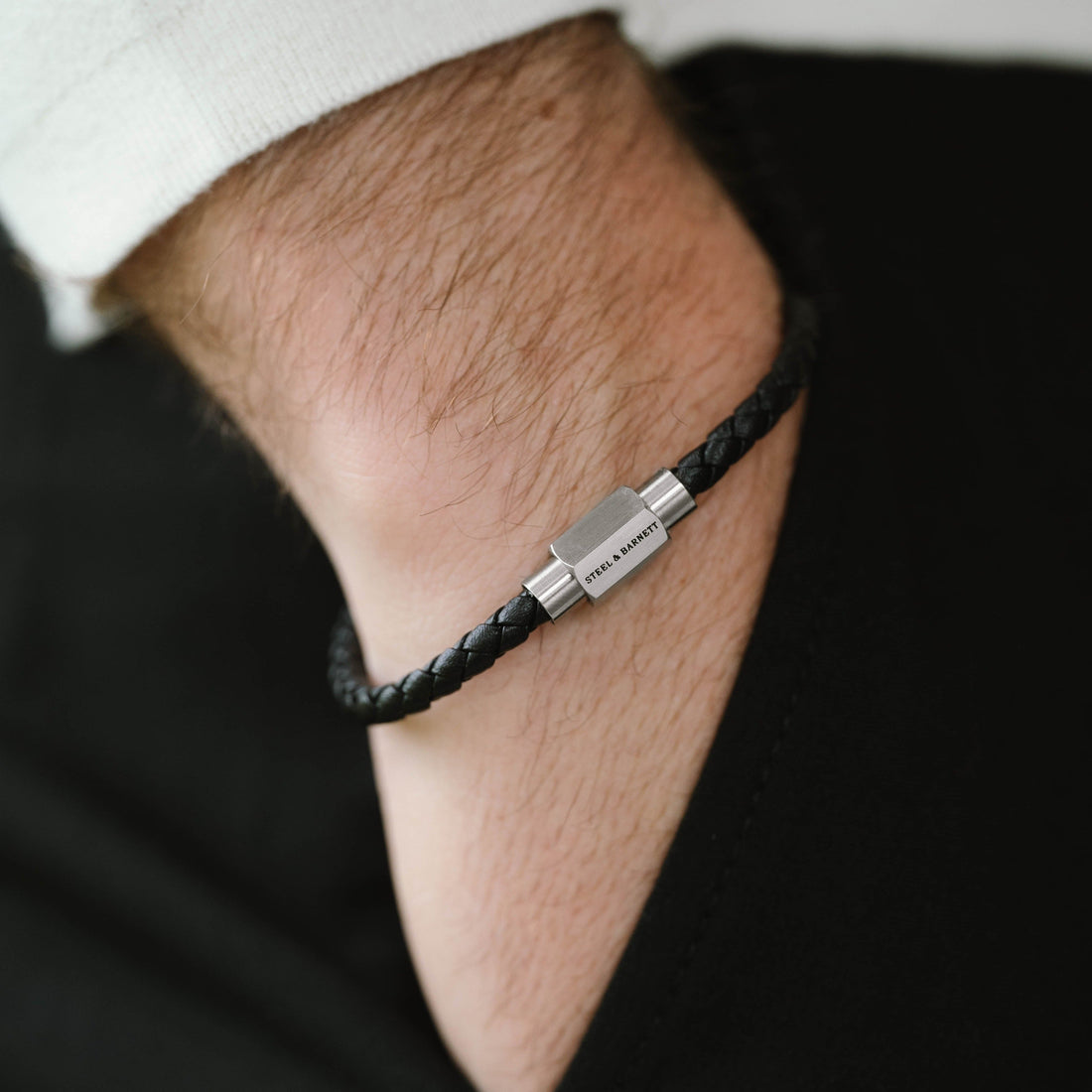 thin leather bracelet black jewelry for men steel and barnett stinless steel