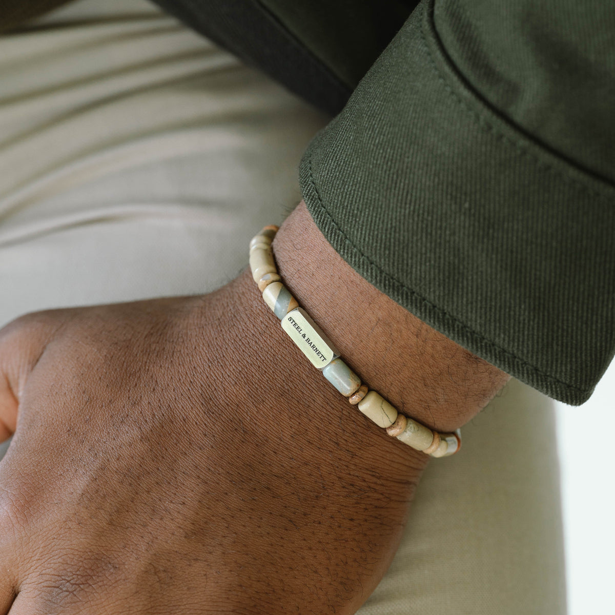 Stone bracelet for men aqua light colors blue brown natural color steel and barnett